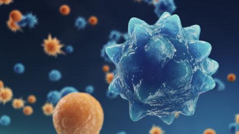 Abstract background virus. The concept of science and medicine, reducing immunity in the body. Influenza virus, hepatitis virus, cells that infect the living organism. 3d illustration