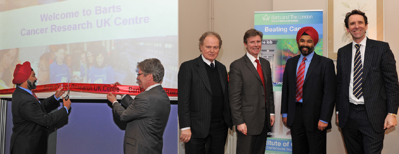 The grand opening of the CRUK Barts Centre. Left: CRUK Chief Executive Sir Harpal Kumar and BCI Director Professor Nick Lemoine cut the ribbon. Right, from left to right: Professor Sir Nick Wright, Professor Nick Lemoine, Sir Harpal Kumar and Peter Morris (Chief Executive of Barts Health NHS Trust).