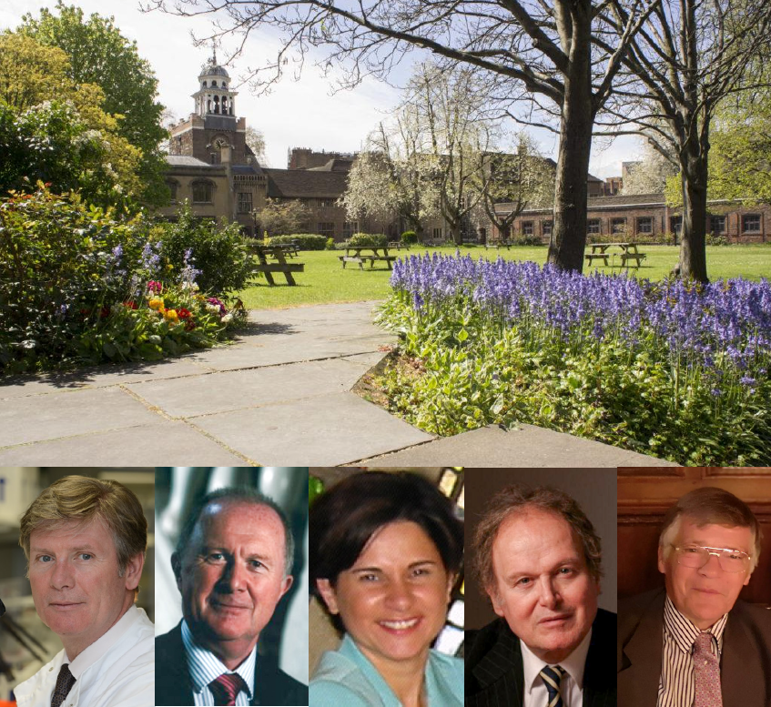 Top: Charterhouse Square Campus in spring time. Bottom, left to right: Professor Nick Lemoine (BCI Director), Professor Ian Hart (Tumour Biology Centre Lead), Dr Delphine Purves (BCI Institute Manager), Professor Sir Nick Wright, (Medical School Warden) and Peter Davies (Medical School Chief Operating Officer).