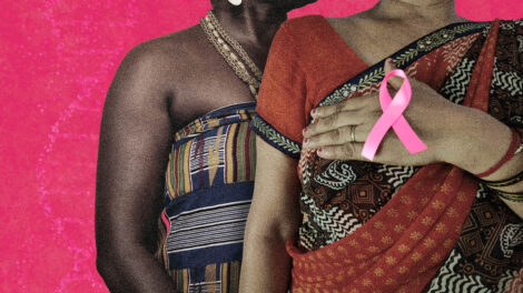 Breast Cancer Inequalities: image shows two women in traditional South Asian and African dresses, with a pink breast cancer awareness ribbon