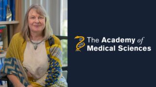 Left: Photo of Professor Louise Jones sat in a bright office. Right: the logo for the Academy of Medical sciences, written in white text on a dark blue background.