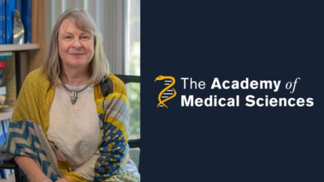Left: Photo of Professor Louise Jones sat in a bright office. Right: the logo for the Academy of Medical sciences, written in white text on a dark blue background.